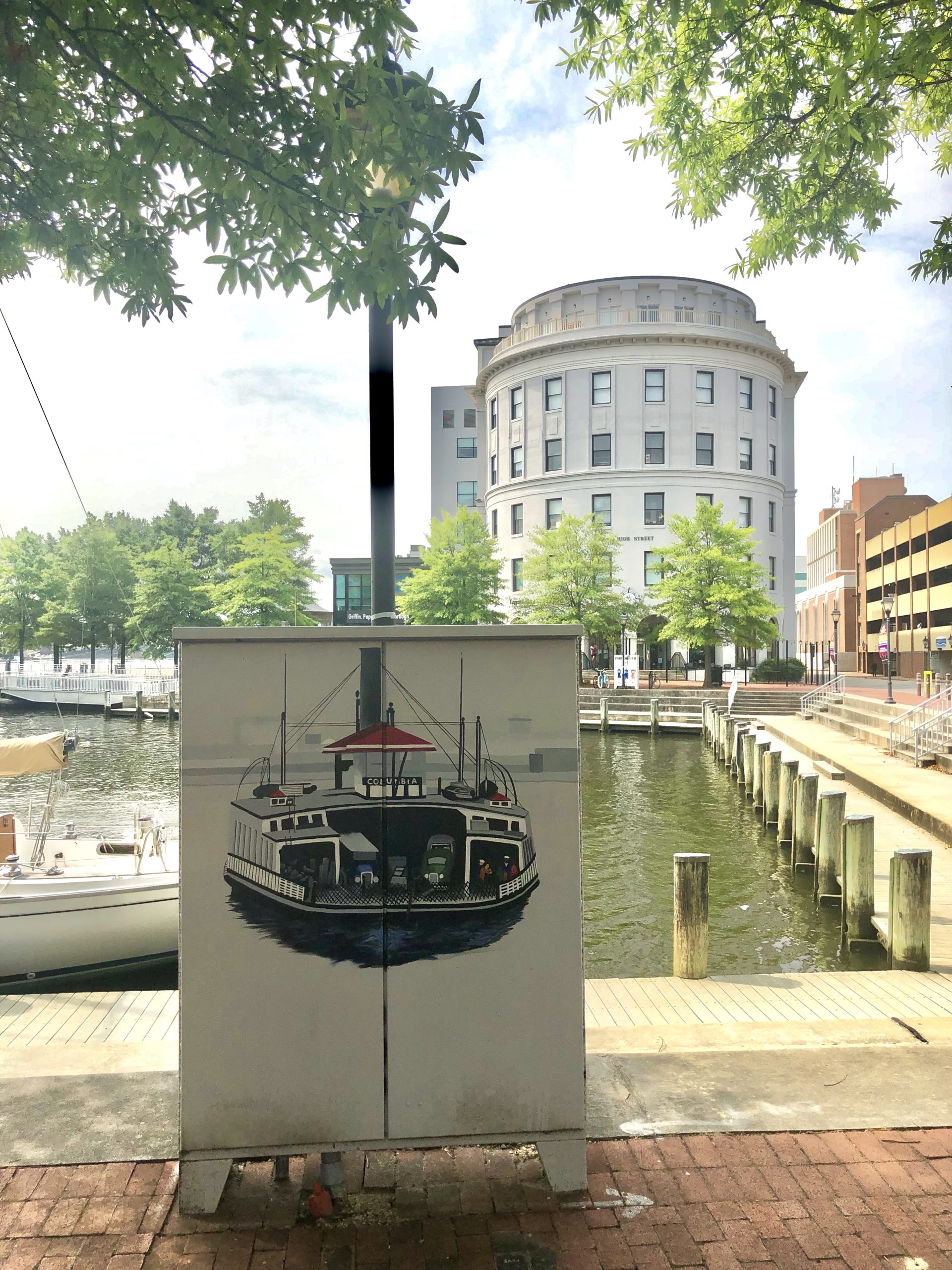 Electrical box with historic sutomobile ferry painted on the side
