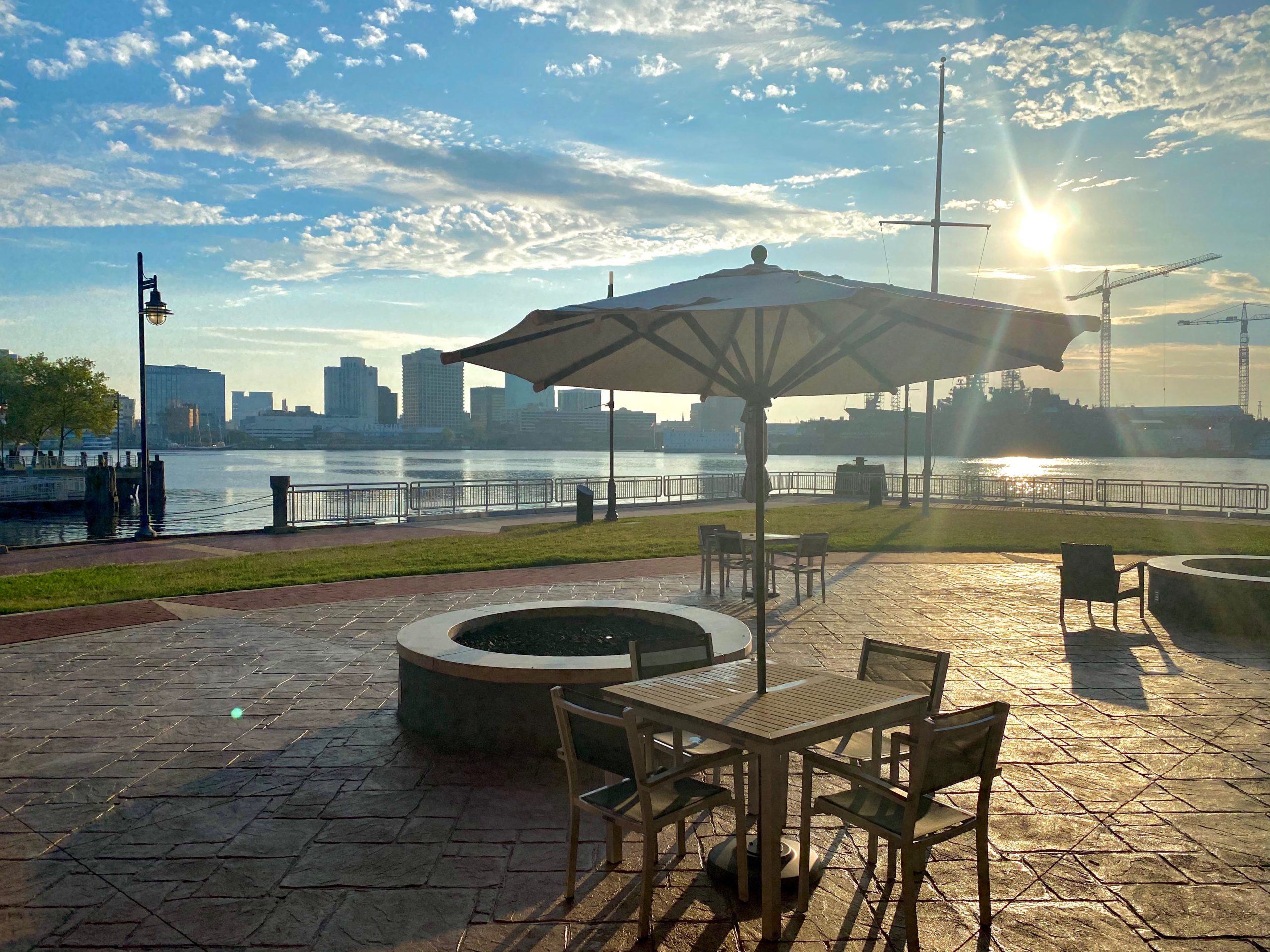 Patio dining table showing view of Norfolk Virginia skyline