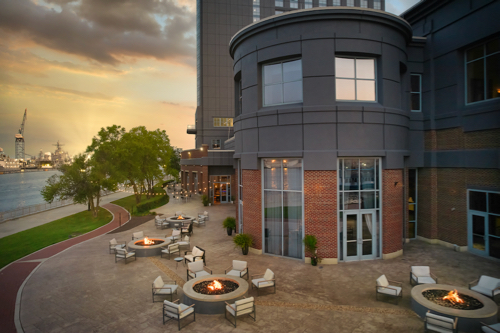 Firepits on the patio at Foggy Point Bar & Grill at the Renaissance Portsmouth Hotel