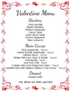 Cafe Europe Restaurant Valentines day menu