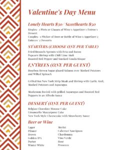 Legends Restaurant Valentines day menu