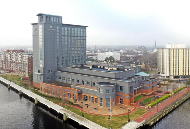 Aerial View of the Renaissance Hotel located on the Elizabeth River Seawallin Portsmouth Virginia