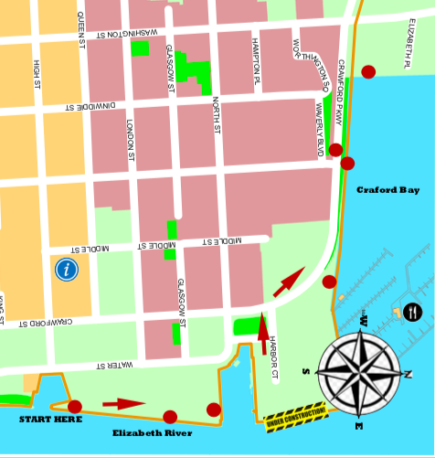 Map of Olde Towne Potsmouth showing stops along the tour route