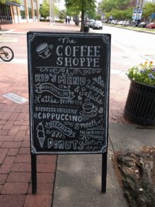 Image of a menu chalk sign outside of the coffee shoppe in olde towne portsmouth