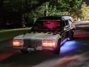 photo of a Flamed Cadillac Hearse at the Olde Towne Ghost Walk in Portsmouth Virginia